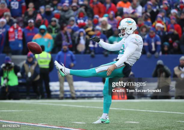 Matt Haack of the Miami Dolphins punts during NFL game action against the Buffalo Bills at New Era Field on December 17, 2017 in Buffalo, New York.