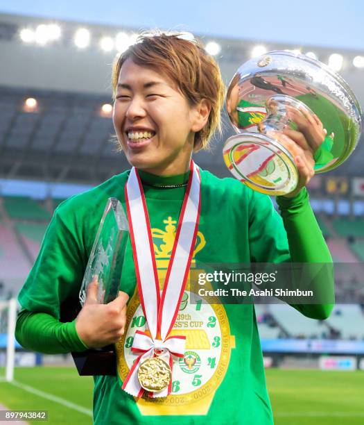 Captain Azusa Iwashimizu of NTV Beleza celerbates with the trophy after her side's 3-0 victory in the 39th Empress' Cup All Japan Football Tournament...