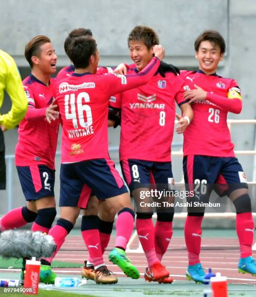 Yoichiro Kakitani of Cerezo Osaka celebrates scoring his side's second goal with his team mates during the 97th Emperor's Cup semi final match...