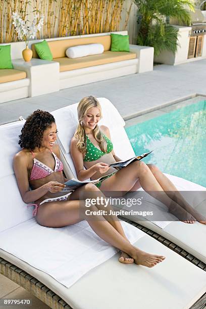 women relaxing poolside - friends poolside stock pictures, royalty-free photos & images