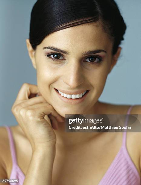Hand Under Chain 171 Portrait Of A Young Woman With Her Hand Under Her Chin Stock Photos ...