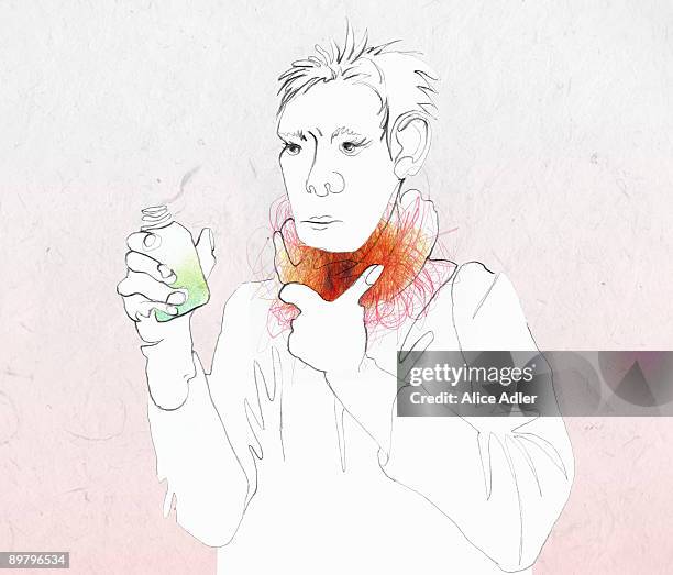 a woman with a sore throat holding medicine - sore throat stock illustrations