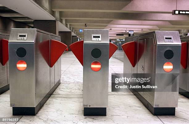 The "do not enter" symbol is displayed on fare gates at the Bay Area Rapid Transit Embarcadero station August 14, 2009 in San Francisco, California....