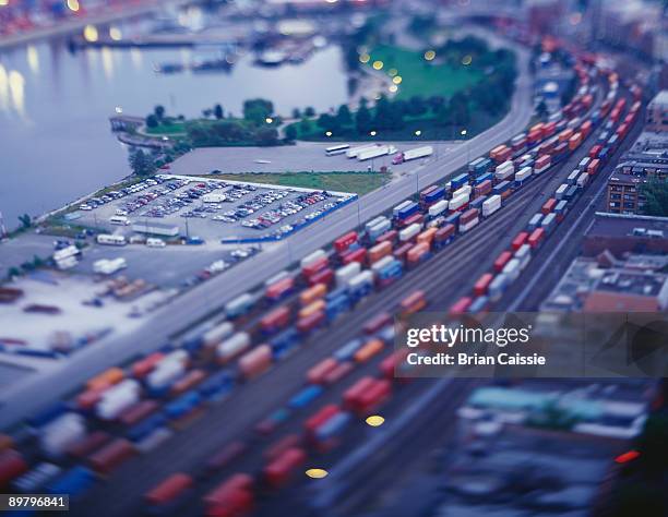 cargo trains in a shunting yard, tilt-shift photography - großbildkamera stock-fotos und bilder