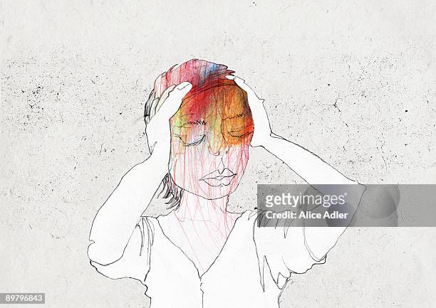 a woman holding her head in pain - eine frau allein stock-grafiken, -clipart, -cartoons und -symbole
