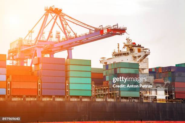 container ship with working crane in commercial dock at sunset - jordan country stock pictures, royalty-free photos & images