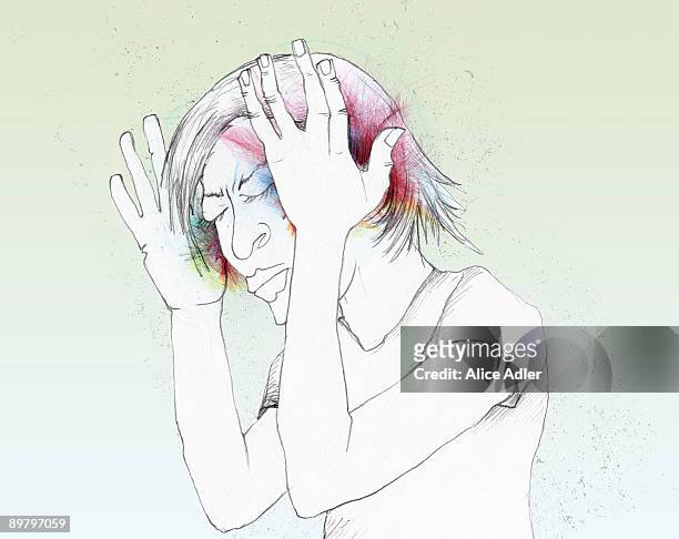 ilustraciones, imágenes clip art, dibujos animados e iconos de stock de a woman holding her head in pain - adler