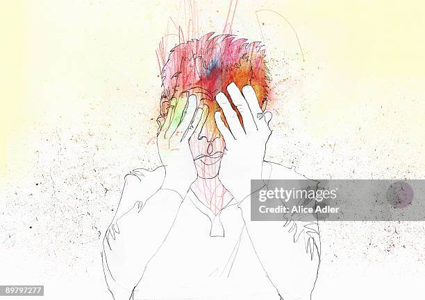 ilustraciones, imágenes clip art, dibujos animados e iconos de stock de a man holding his face in his hands - frustración