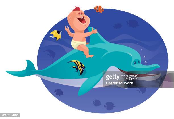 happy baby with dolphin and tropical fishes - baby dolphin stock illustrations