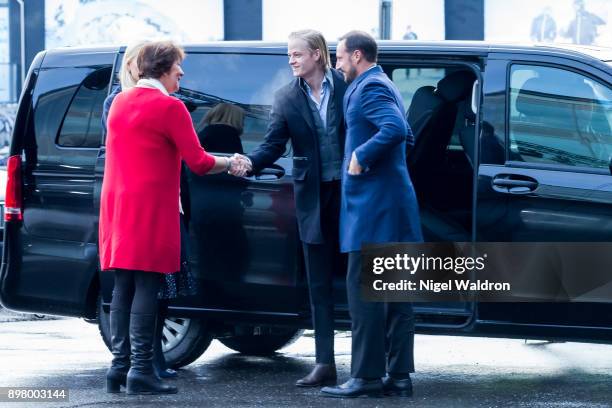 Marianne Borgen the Mayor of Oslo greets Princess Mette Marit's oldest son Marius Borg Hoiby of Norway during the Christmas Charity Luncheon for the...