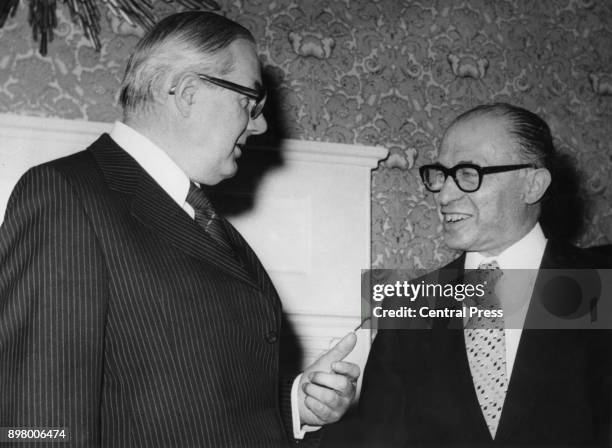 British Prime Minister James Callaghan with Menachem Begin , the Prime Minister of Israel, at 10 Downing Street, London, 5th December 1977.