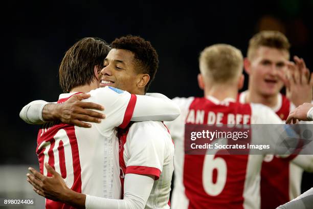 David Neres of Ajax celebrates 3-1 with Lasse Schone of Ajax during the Dutch Eredivisie match between Ajax v Willem II at the Johan Cruijff Arena on...