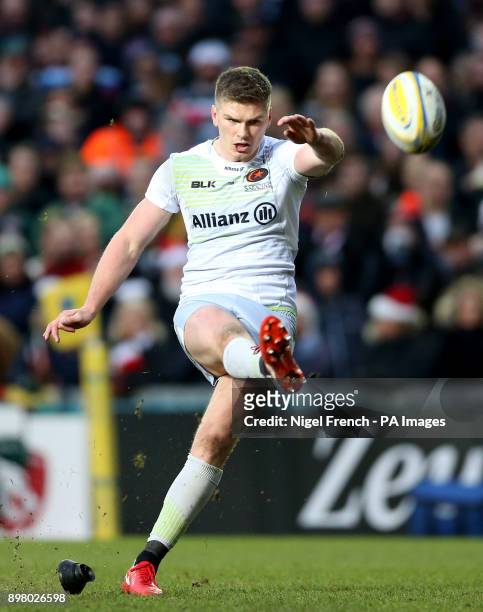 Saracens' Owen Farrell kicks a conversion during the Aviva Premiership match at Welford Road, Leicester.