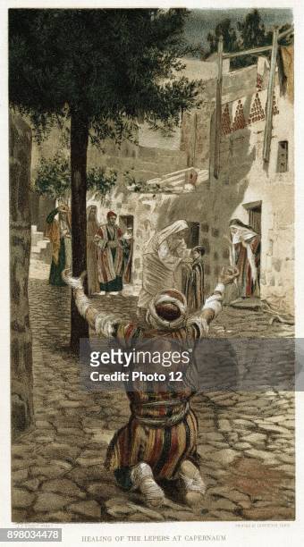 Christ healing the lepers at Capernaum. Mark I. From JJ Tissot "The Life of Our Saviour Jesus Christ" c1890. Oleograph.