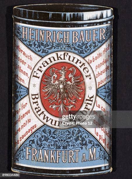 Obverse of trade card for tinned Frankfurters produced by Heinrich Bauer of Frankfurt am Main c1895.