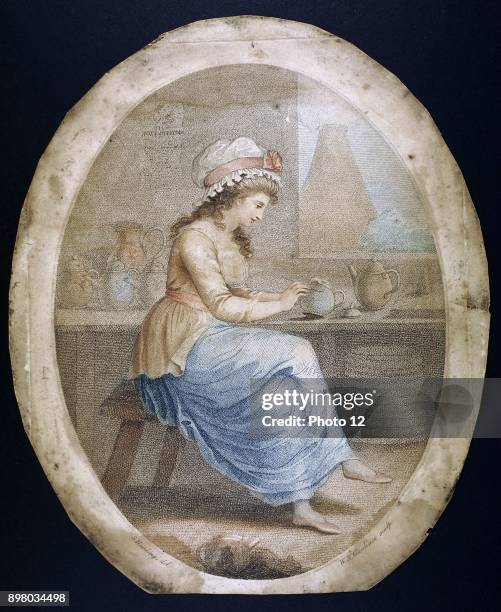 The Staffordshire Girl, Mezzotint by WN Gardner after picture by Sylvester Harding Girl is decorating Staffordshire ware in factory. In background is...