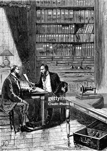 Alexander Graham Bell Scottish-born American inventor; patented telephone 1876. Bell filing caveat for his telephone at United States Patent Office...