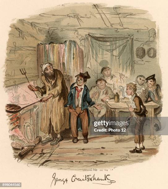 Scene from the novel "Oliver Twist" by Charles Dickens originally published 1837-1839. Illustration by George Cruikshank showing Oliver, in front of...