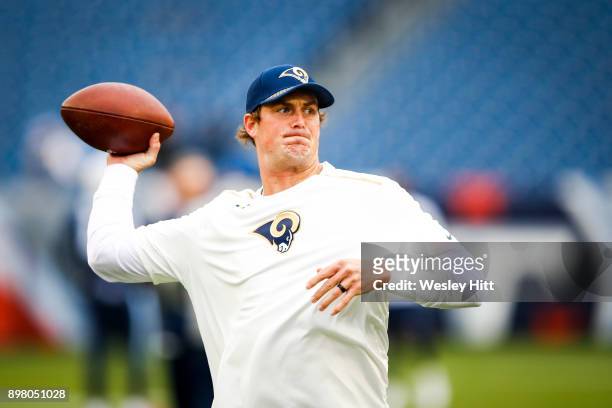 Quarterback Sean Mannion of the Los Angeles Rams makes a pass before taking on the Tennessee Titans at Nissan Stadium on December 24, 2017 in...