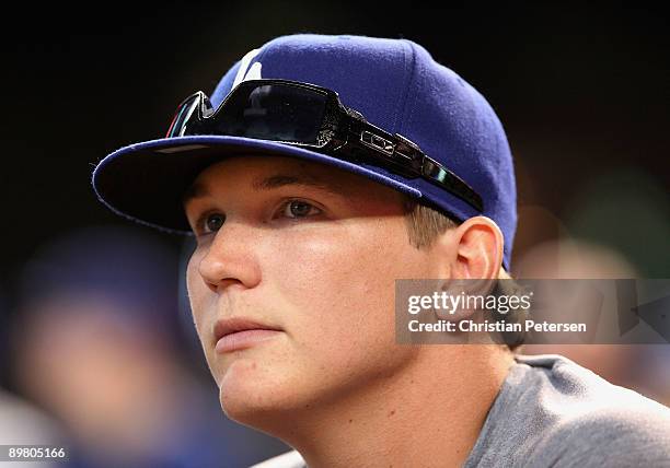 Second round draft pick of the Los Angeles Dodgers, Garrett Gould attends the major league baseball game against the Arizona Diamondbacks at Chase...