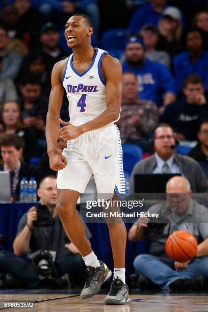 Brandon Cyrus of the DePaul Blue Demons celebrates during the game against the Northwestern Wildcats at Wintrust Arena on December 16, 2017 in...