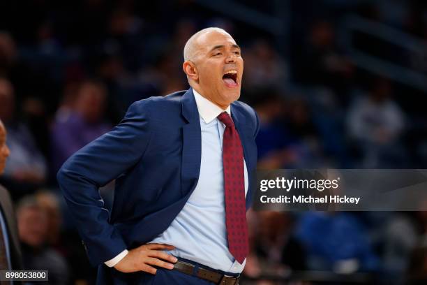 Head coach Dave Leitao of the DePaul Blue Demons is seen during the game against the Northwestern Wildcats at Wintrust Arena on December 16, 2017 in...