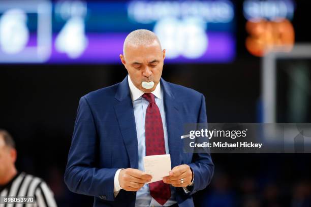 Head coach Dave Leitao of the DePaul Blue Demons is seen during the game against the Northwestern Wildcats at Wintrust Arena on December 16, 2017 in...