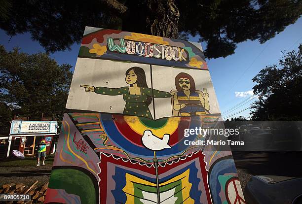 Painted sign is displayed as the 40th anniversary of the Woodstock music festival approaches August 14, 2009 in Bethel, New York. Babudro said, "It...