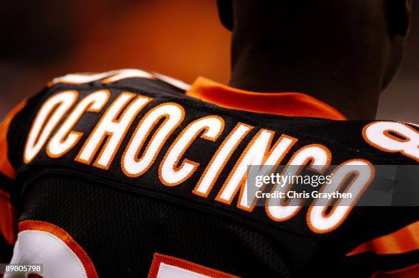 Wide receiver Chad Ochocinco of the Cincinnati Bengals is shown during a preseason game against the New Orleans Saints on August 14, 2009 at the...