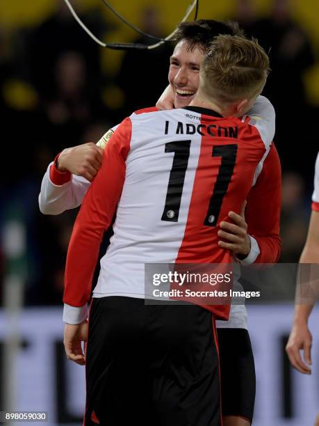 Steven Berghuis of Feyenoord celebrates 5-1 with Sam Larsson of Feyenoord during the Dutch Eredivisie match between Feyenoord v Roda JC at the...