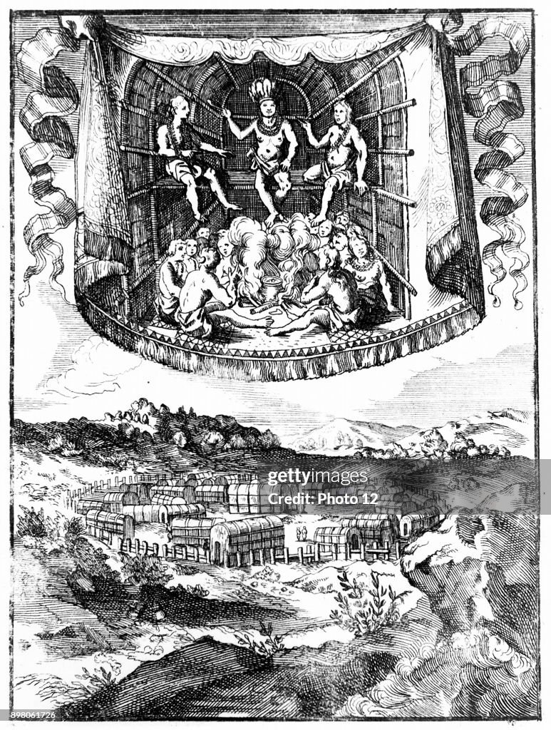 Copperplate engraving showing Chief Wahunsonacock and a palisaded village of Virginia and east shore of Chesapeake Bay