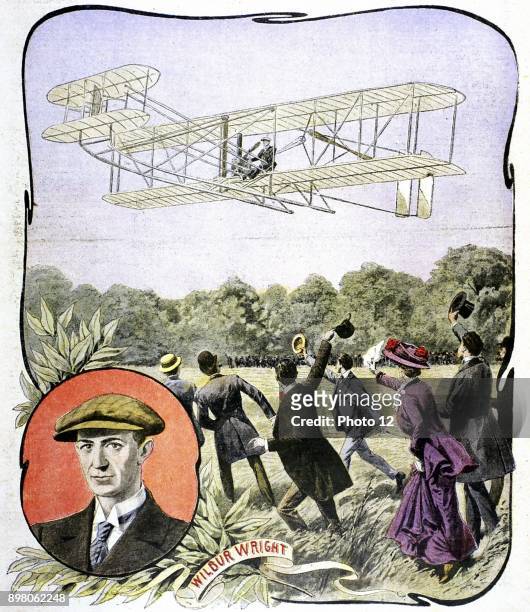 Wilbur Wright's first flight in Europe, at the Hunaudieres racetrack near Le Mans, France in the Wright Brothers' 'Flyer', August 1908 Illustration...