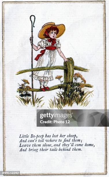 Little Bo-Peep has lost her sheep/And can't tell where to find them' Illustration by Kate Greenaway for a book of nursery rhymes Chromolithograph.