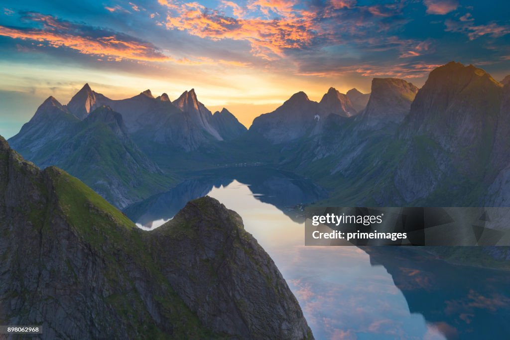 Norway , view of Lofoten Islands in Norway with sunset scenic