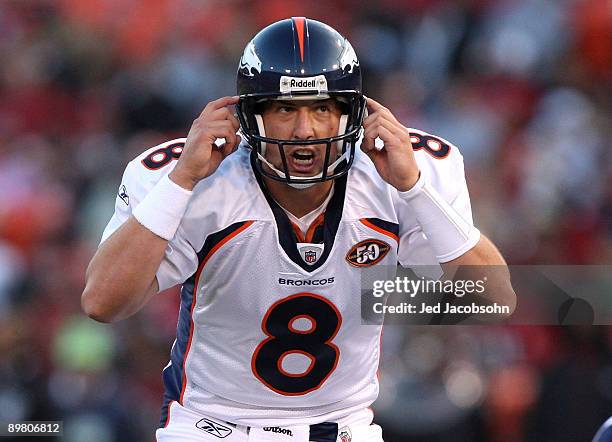 Quarterback Kyle Orton of the Denver Broncos calls a ball against the San Francisco 49ers during the preseason game on August 14, 2009 at Candlestick...