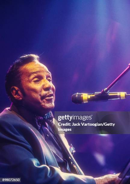 American R&B musician Huey 'Piano' Smith plays piano as he performs during the Rhythm & Blues Foundation Pioneer Awards at the Hammerstein Ballroom,...