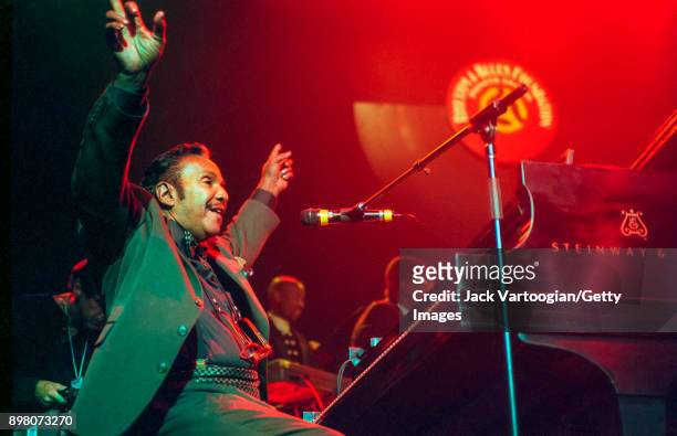 American R&B musician Huey 'Piano' Smith plays piano as he performs during the Rhythm & Blues Foundation Pioneer Awards at the Hammerstein Ballroom,...