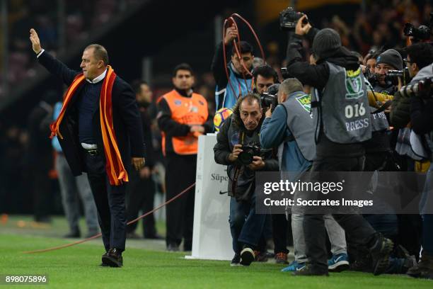 Coach Fatih Terim of Galatasaray during the Turkish Super lig match between Galatasaray v Goztepe at the Turk Telekom Stadium on December 24, 2017 in...