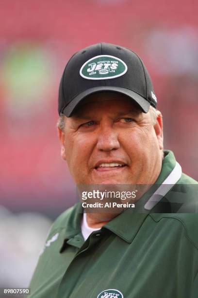 Head Coach Rex Ryan of the New York Jets watches the play during a preseason game between St. Louis Rams and New York Jets on August 14, 2009 in East...