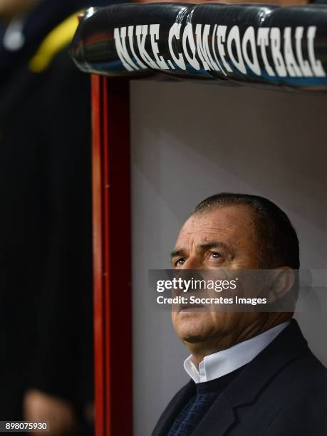 Coach Fatih Terim of Galatasaray during the Turkish Super lig match between Galatasaray v Goztepe at the Turk Telekom Stadium on December 24, 2017 in...