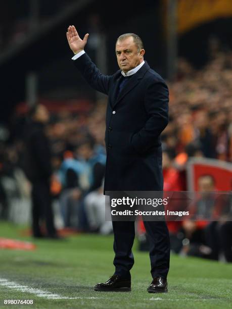 Coach Fatih Terim of Galatasaray during the Turkish Super lig match between Galatasaray v Goztepe at the Turk Telekom Stadium on December 24, 2017 in...