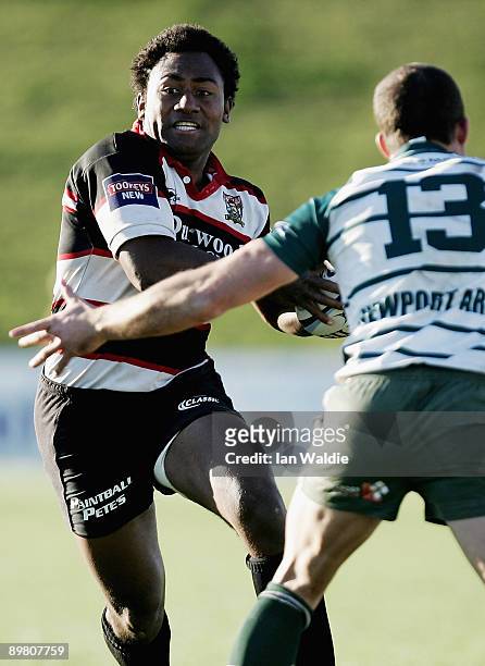 Henry Seavula of West Harbour is tackled during the round 20 Shute Shield match between Warringah and West Harbouron at Pittwater Rugby Park on...