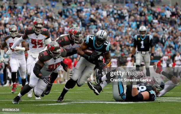 Devin Funchess of the Carolina Panthers runs the ball against the Tampa Bay Buccaneers in the first quarter during their game at Bank of America...