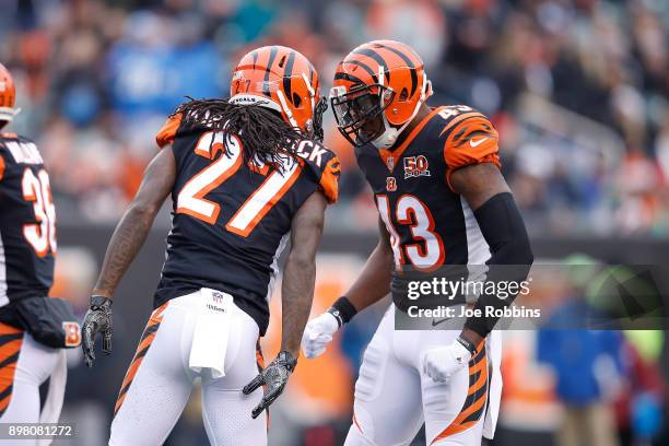 Dre Kirkpatrick of the Cincinnati Bengals celebrates with George Iloka against the Detroit Lions during the first half at Paul Brown Stadium on...