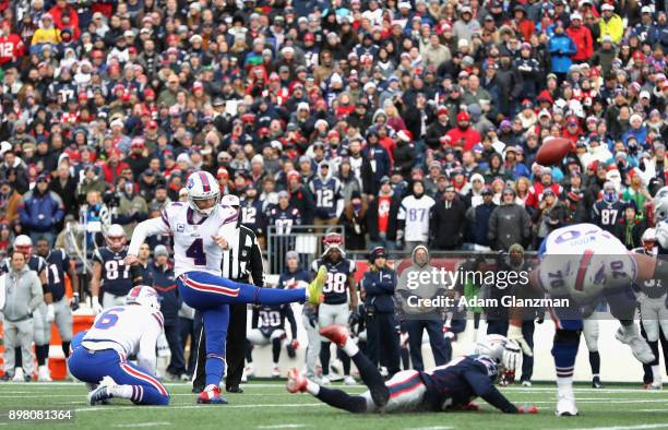 Stephen Hauschka of the Buffalo Bills kicks a field goal during the first quarter of a game against the New England Patriots at Gillette Stadium on...