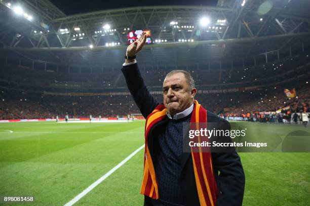 Coach Fatih Terim of Galatasaray during the Turkish Super lig match between Galatasaray v Goztepe at the Turk Telekom Stadium on December 24, 2017 in...