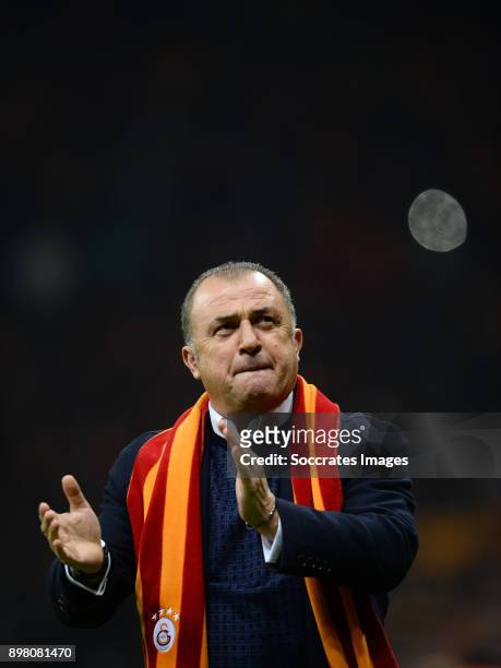 Coach Fatih Terim of Galatasaray during the Turkish Super lig match between Galatasaray v Goztepe at the Turk Telekom Stadium on December 24, 2017 in...