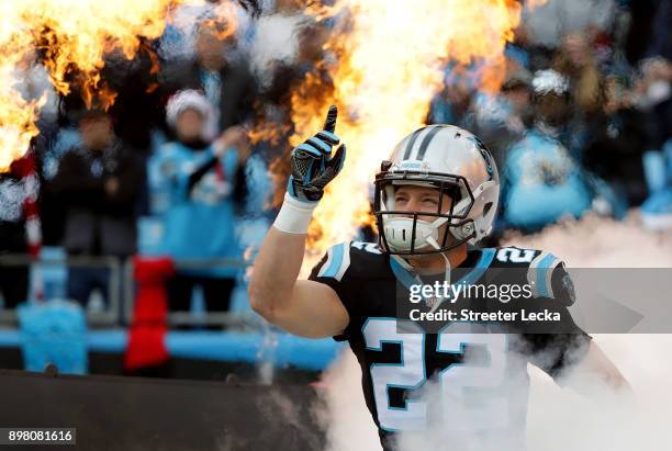 Christian McCaffrey of the Carolina Panthers takes the field before their game against the Tampa Bay Buccaneers at Bank of America Stadium on...