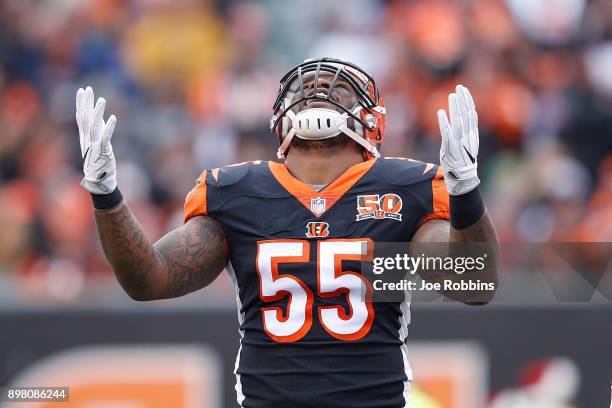 Vontaze Burfict of the Cincinnati Bengals reacts against the Detroit Lions during the first half at Paul Brown Stadium on December 24, 2017 in...