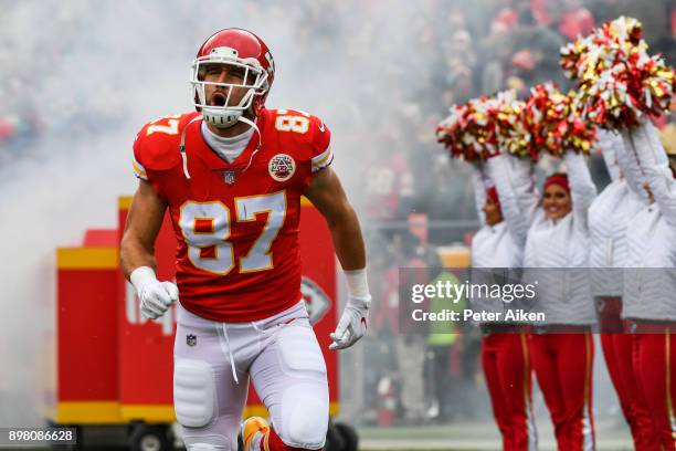 Tight end Travis Kelce of the Kansas City Chiefs takes the field prior to the game against the Miami Dolphins at Arrowhead Stadium on December 24,...